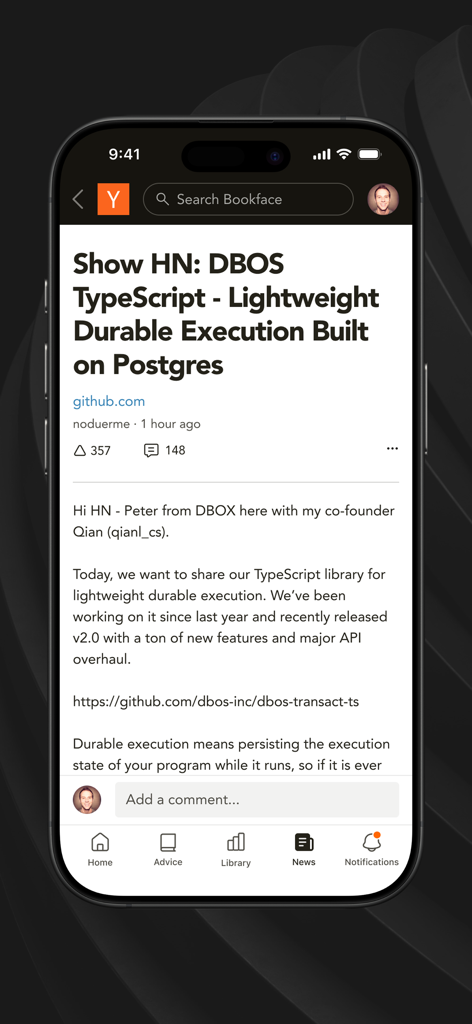 Y Combinator - Mobile interface of the Y Combinator app showing a Hacker News article about a TypeScript technical library.