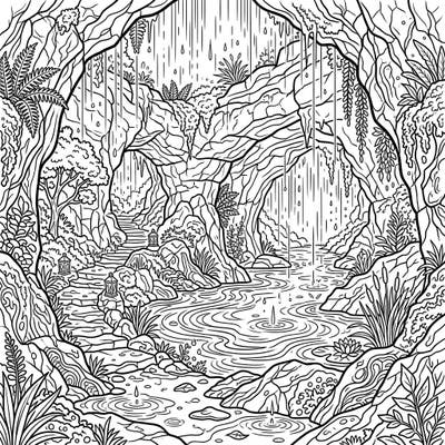 Immerse yourself in the tranquility of a hidden grotto during a gentle rain. This captivating coloring page brings to life a serene cave scene, perfect for a relaxing artistic escape.