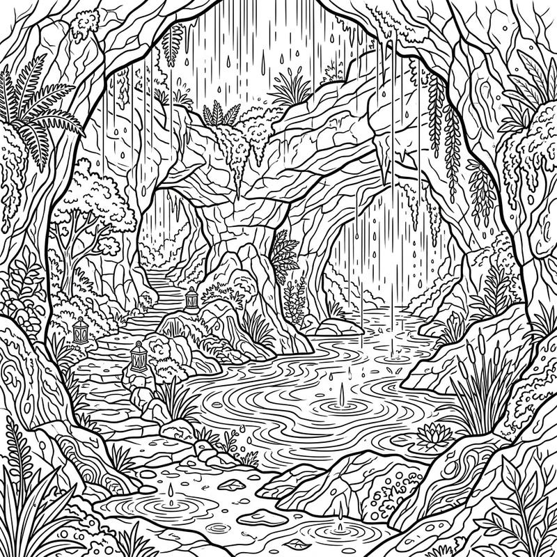 Immerse yourself in the tranquility of a hidden grotto during a gentle rain. This captivating coloring page brings to life a serene cave scene, perfect for a relaxing artistic escape.