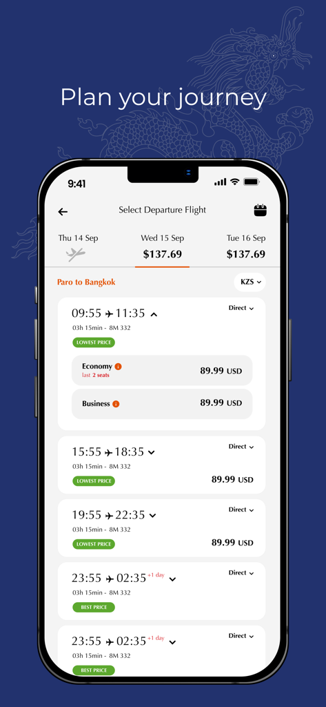 Drukair flight booking screen showing departure options from Paro to Bangkok