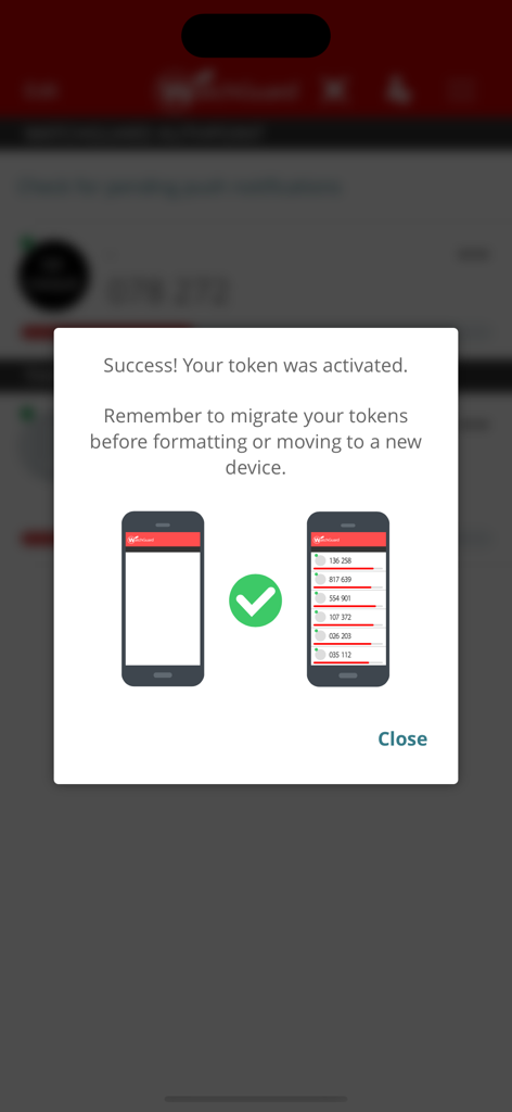 WatchGuard AuthPoint app screen showing a successful token activation message and a reminder to migrate tokens to new devices.