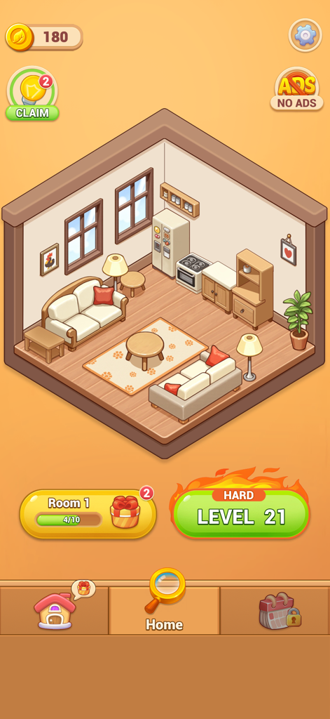 Hidden Quest: Seek & Discover - Vista isométrica de una acogedora habitación decorada en el juego móvil Hidden Quest