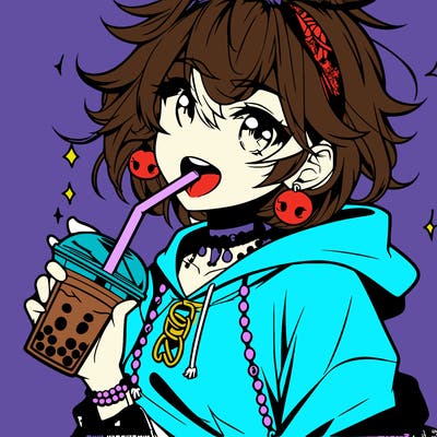 hot baddie anime girl drinking boba and biting the straw