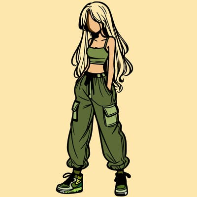 girl in baggy pants crop top and long hair
