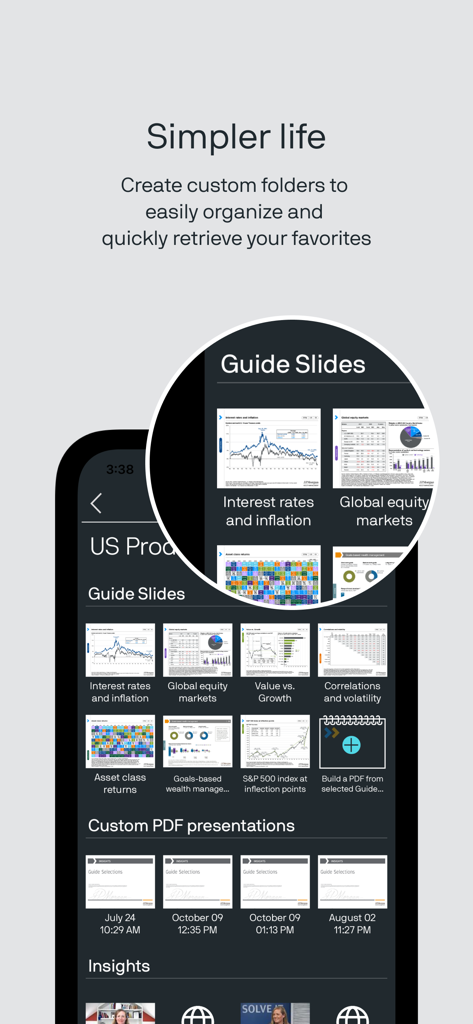 Insights by J.P. Morgan - Insights by J.P. Morgan app interface showing organized guide slides and custom presentations.