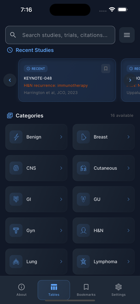 Rad Onc Tables app interface showing research categories and recent clinical studies for radiation oncology