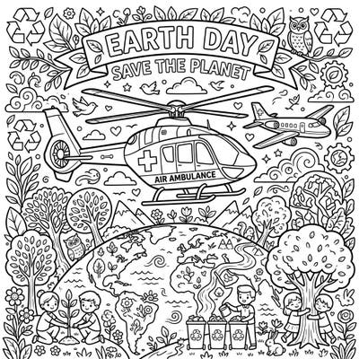 Explore a unique blend of heroism and environmental care with this captivating coloring page featuring an air ambulance alongside Earth Day celebrations. Discover intricate details of global protection, from planting trees to recycling, perfect for mindful coloring.