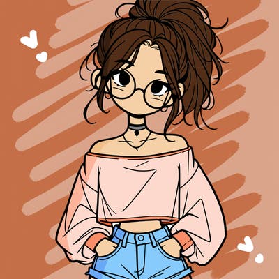 girl with a messy ponytail glasses a baggy crop top and jean shorts