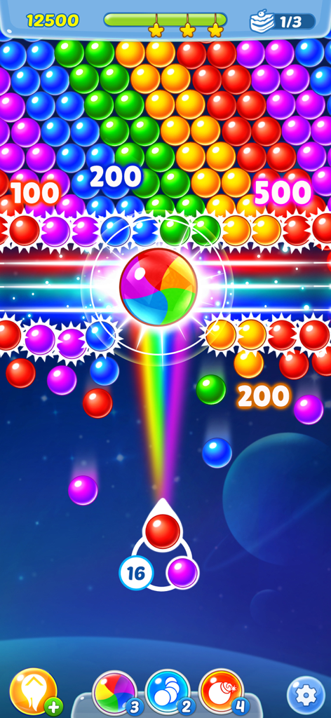 Bubble Shooter Pastry Pop gameplay featuring a rainbow powerup bubble and colorful puzzle levels