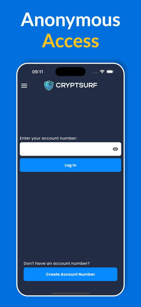 CryptSurf VPN login interface for anonymous access with account number entry