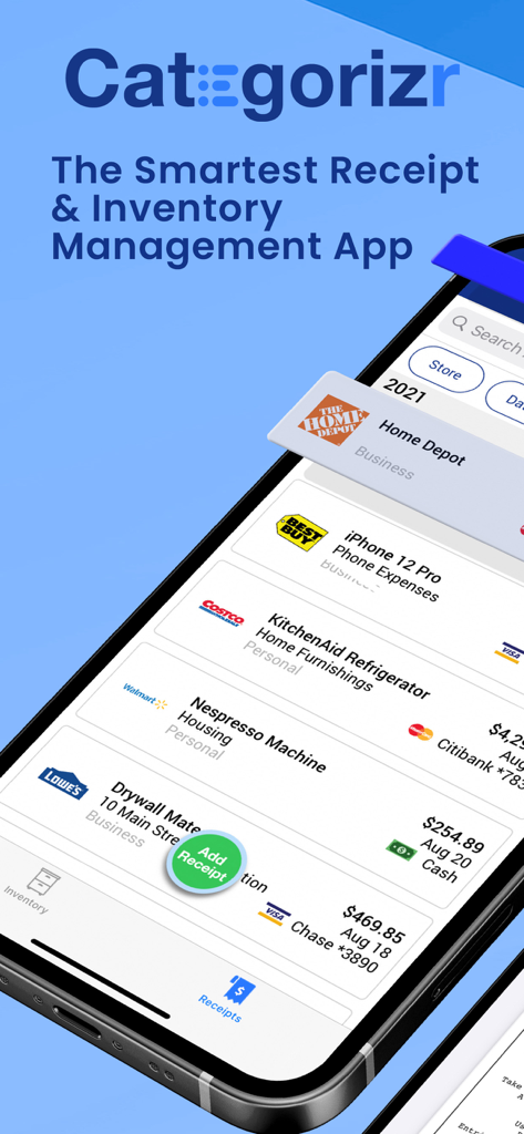 Categorizr: Receipt Scanner - Interface of the Categorizr app showing a list of scanned receipts and home inventory items for easy tracking