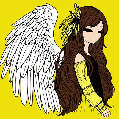realistic girl with bird wings and some feathers in her hair