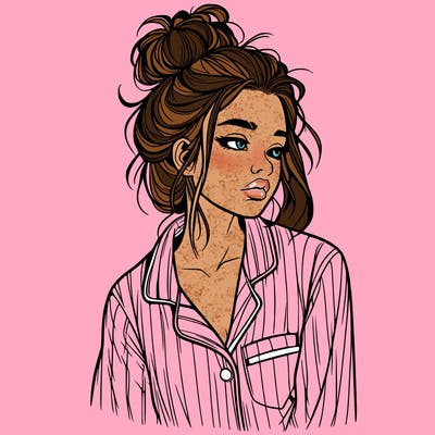 realistic woman with pajamas on and a messy bun