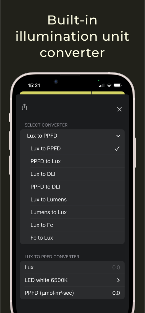 Light Meter: Lux-525 Pro - Interface of the Light Meter Lux-525 Pro app featuring a built-in illumination unit converter for Lux, PPFD, and DLI.