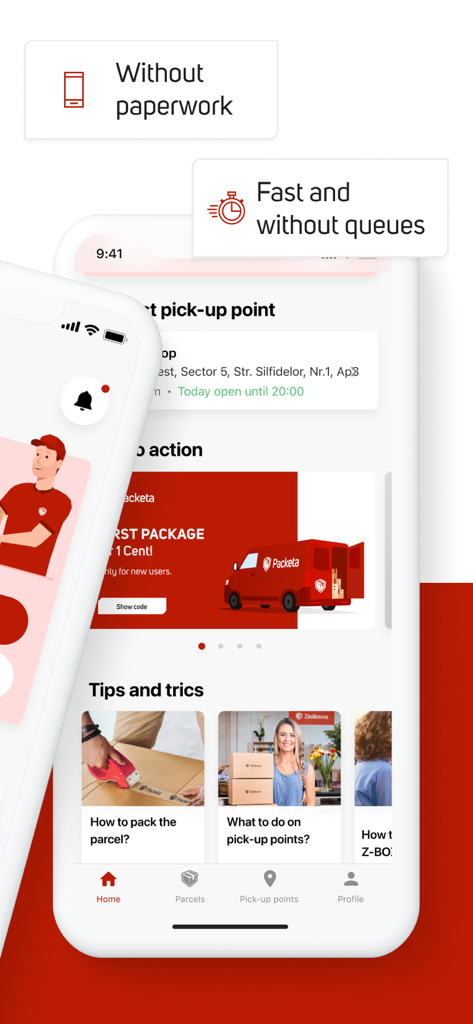Packeta mobile App Startbildschirm mit schnellem Versand ohne Papierkram