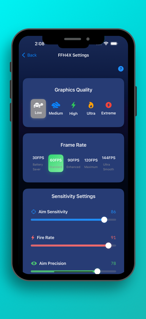 FFH4X Pro mobile app interface showing graphics quality frame rate and aim sensitivity settings.