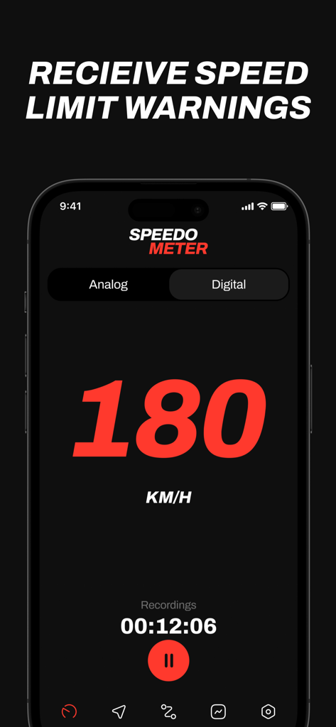 Interface do velocímetro digital do aplicativo Speed Tracker exibindo a velocidade atual e o tempo de gravação com texto de avisos de limite de velocidade