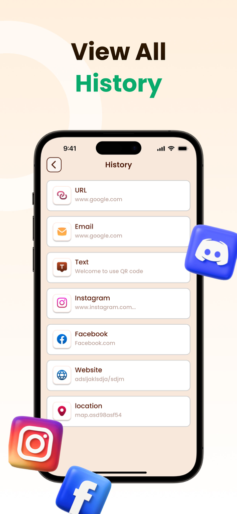 A mobile app screen showing a history list of scanned and created QR codes including links for Instagram Facebook and websites