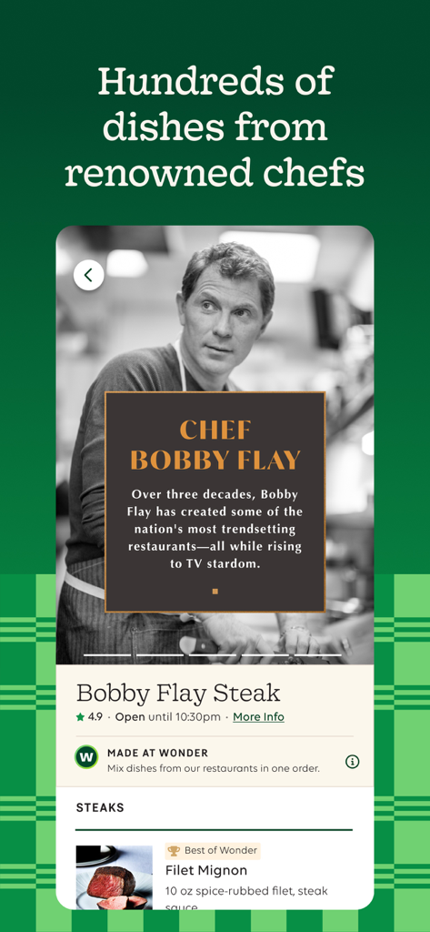 Wonder: Food Delivery - Interfaccia dell'app di delivery di cibo Wonder con lo chef celebre Bobby Flay e opzioni di menu di bistecche gourmet