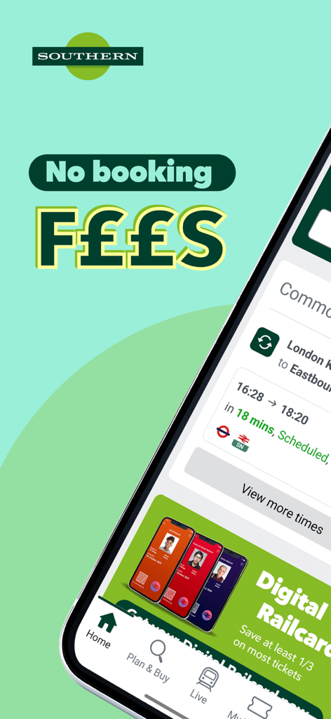 Southern Railway - Interfaz de la aplicación móvil Southern Railway con cero comisiones de reserva y tarjetas de ferrocarril digitales para viajeros del Reino Unido.