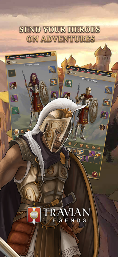 Schermata dell'inventario e della personalizzazione dell'eroe in Travian Legends che mostra un guerriero spartano e slot per l'equipaggiamento del personaggio