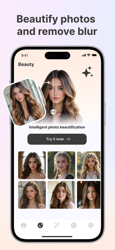 FaceEra – Age & Photo AI - A comparison between a blurry and a clear portrait showing the AI photo beautification and blur removal feature in the FaceEra app.