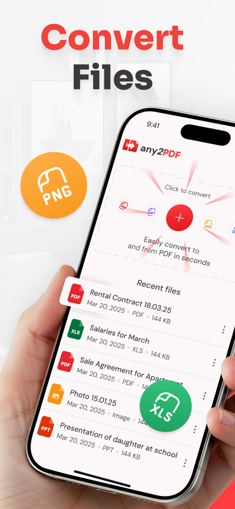 Tela do aplicativo Any2PDF mostrando opções de conversão de arquivos e uma lista de documentos convertidos recentemente em um smartphone