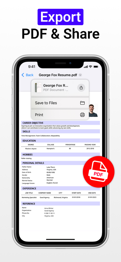 Resume Maker: CV Creator - Pantalla de smartphone que muestra las opciones de exportación y uso compartido de un currículum profesional en PDF.
