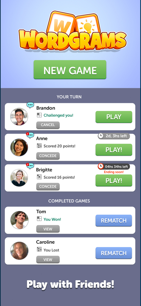 Wordgrams app screen showing a list of active and completed crossword games with friends