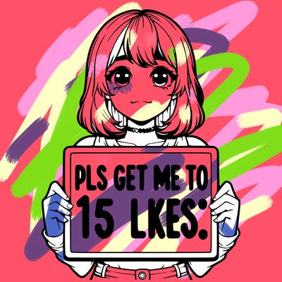realistic girl holding up a sign that says “pls get me to 15 likes!”