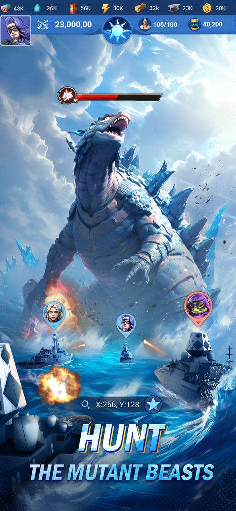 Rise of Arks: Survival Game - Naval warships and heroes attacking a giant mutant sea monster