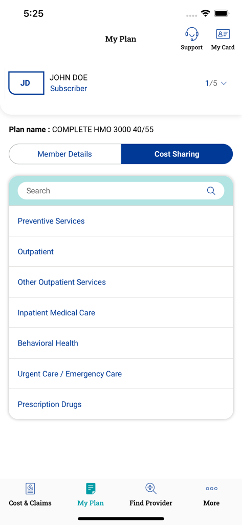 MGB Health Plan mobile app screen displaying cost sharing categories for medical services under the My Plan section