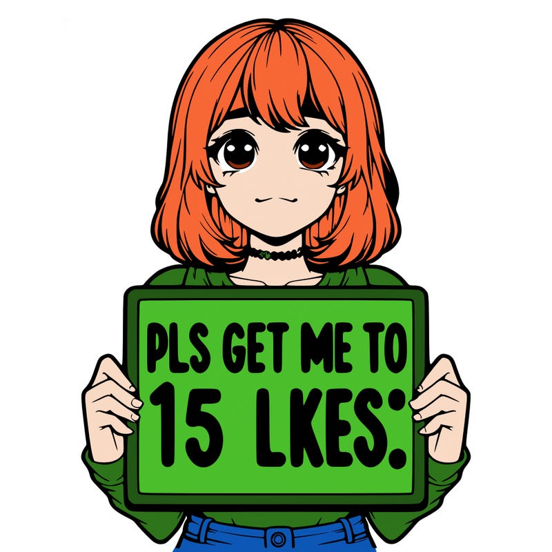 realistic girl holding up a sign that says “pls get me to 15 likes!”