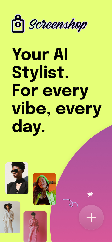 Screenshop - Clothes Finder - Screenshop app welcome screen featuring its AI stylist service with diverse fashion inspiration photos.