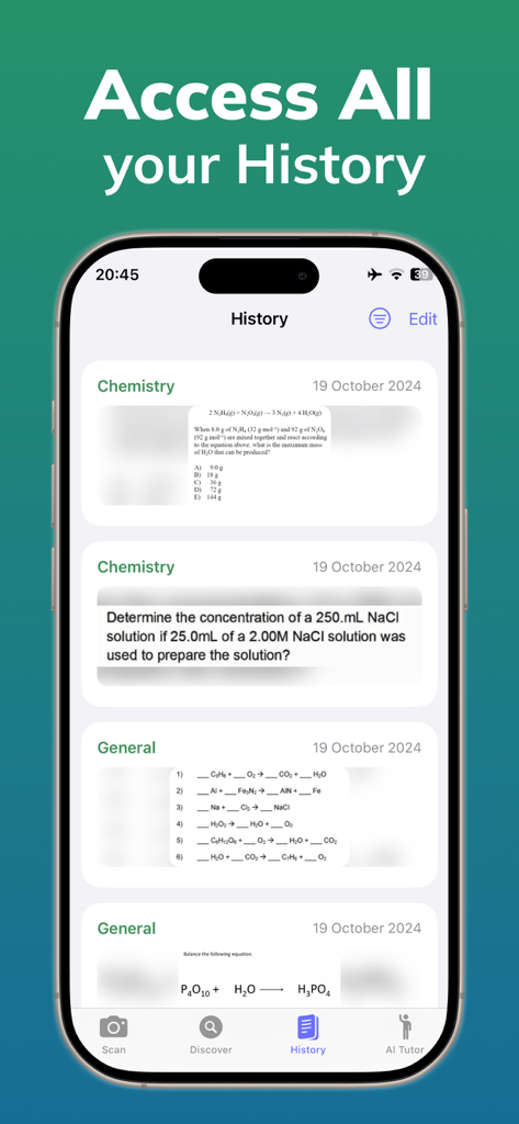 Chemistry Solver: AI Scanner - Screenshot showing the history tab of the Chemistry Solver app with a list of previously scanned and solved chemistry problems