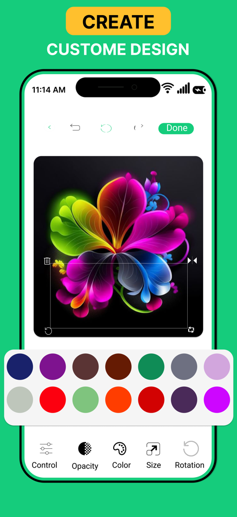 Design Studios Of Cricut - Interface de estúdio de design móvel com um gráfico floral vibrante e paleta de cores