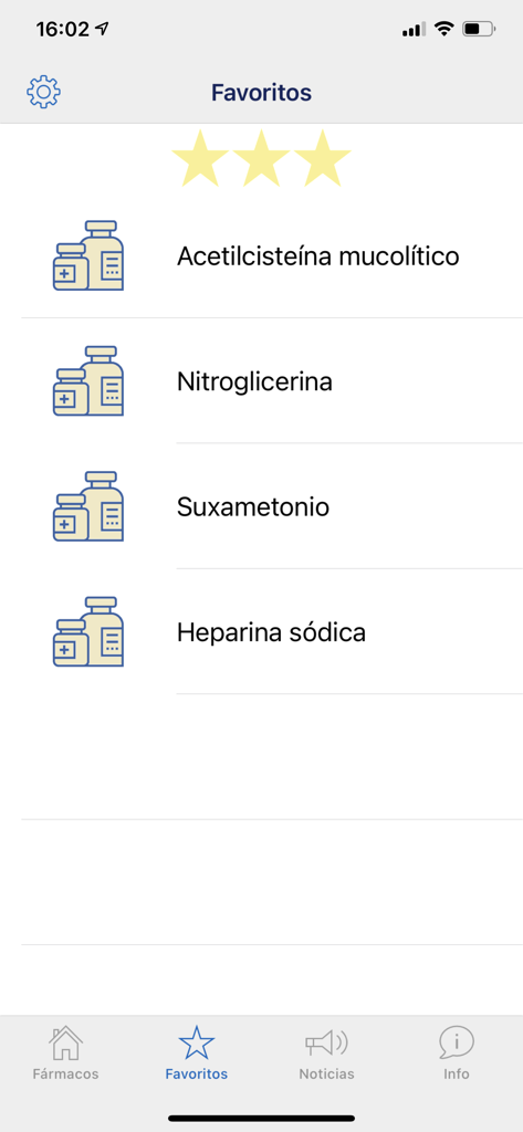 Medicamentos vía parenteral - Pantalla de Favoritos mostrando una lista de medicamentos parenterales guardados, incluyendo Nitroglicerina y Heparina sódica