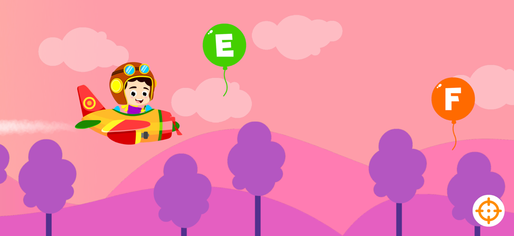 Kids Airplane: Learn ABC & 123 - A cartoon boy pilot in an airplane flying past letter balloons in a preschool learning game.