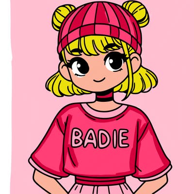 a girl in a shirt that says "badie"