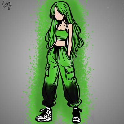 girl in baggy pants crop top and long hair