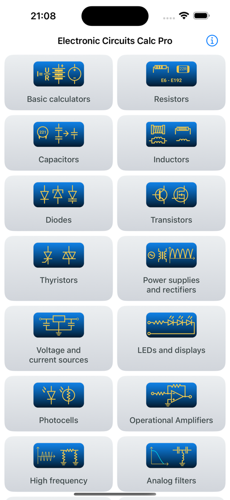Electronic Circuits Calc Pro - Main menu of Electronic Circuits Calc Pro app showing various electronics calculation categories like resistors and capacitors.