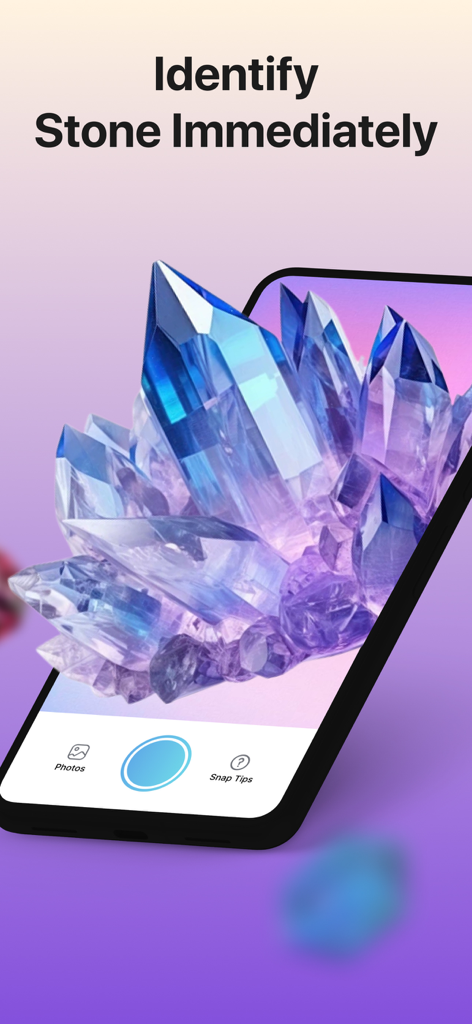 A smartphone showing a 3D blue and purple crystal popping out of the screen for the Stone Identifier app.