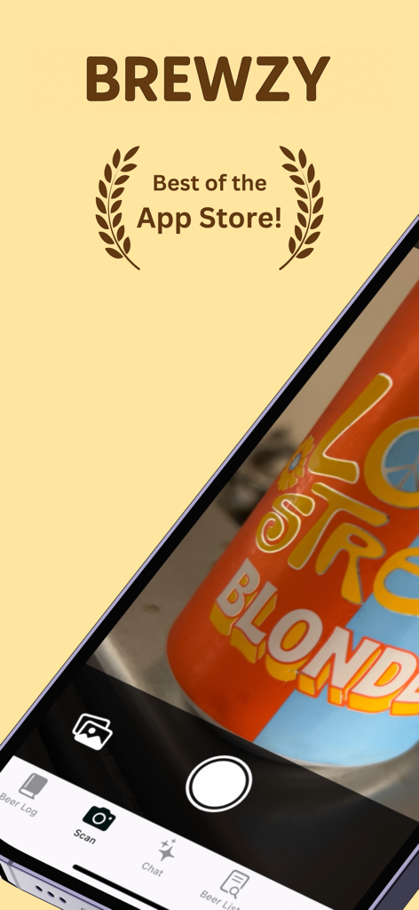 Brewzy mobile app interface featuring an AI beer label scanner on a smartphone