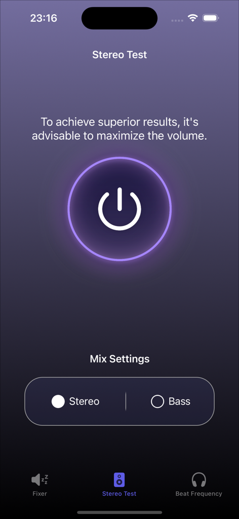 Speaker Cleaner app stereo test interface featuring sound mix settings for stereo and bass.