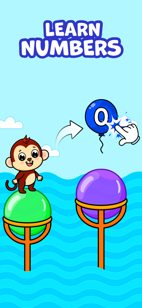 A cartoon monkey in an educational game where kids learn numbers by popping balloons