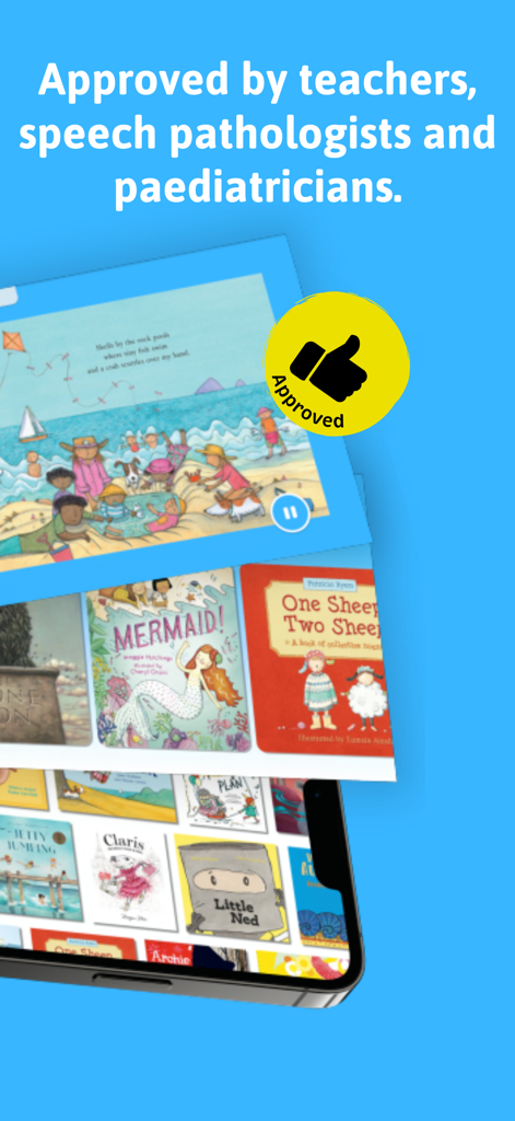 Joey Books - Joey Books app screenshot showing endorsement from teachers and medical professionals above a digital library of children books