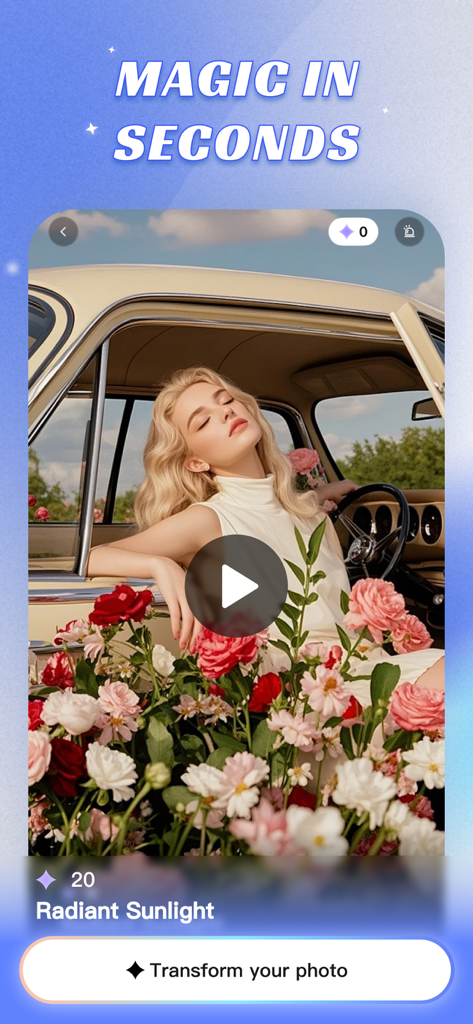 Monkey AI Video Generator - Monkey AI Video Generator App-Oberfläche, die eine filmreife Fototransformation einer Frau in einem Oldtimer mit dem Radiant Sunlight-Effekt zeigt