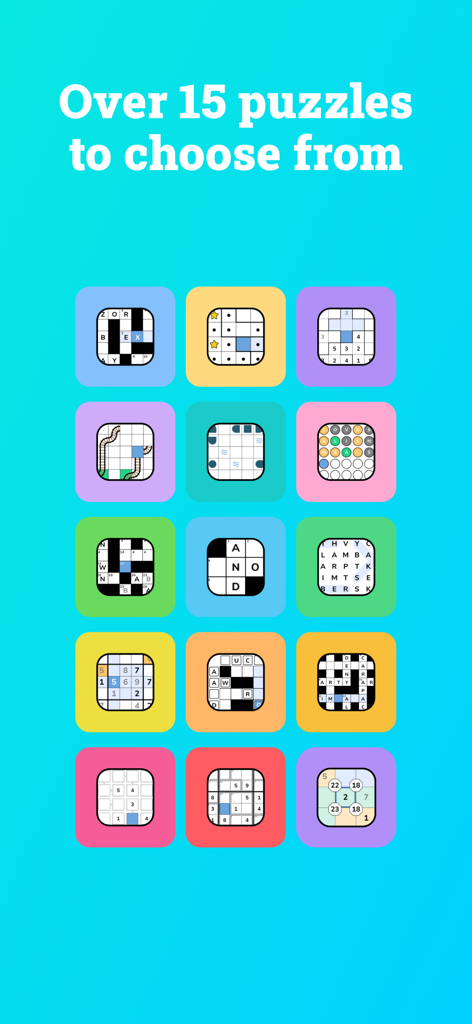 A grid of icons representing over 15 different word and number puzzles available in the Puzzler app.