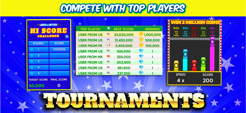 Multi Hand Video Poker & Bingo - Tournament leaderboard and mini game challenges in Multi Hand Video Poker and Bingo