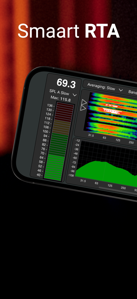 Smaart RTA app interface on a smartphone showing SPL meter, spectrograph, and real-time analyzer graph